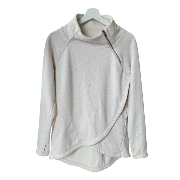 Athleta Cozy Karma Asymmetrical Mock Neck Funnel pullover Fleece Small Oatmeal - Picture 1 of 9